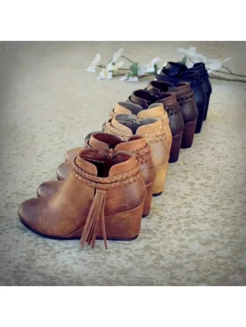 Stylish Women's Wedge Ankle Boots with Braided Fringe, Western Heeled Fall